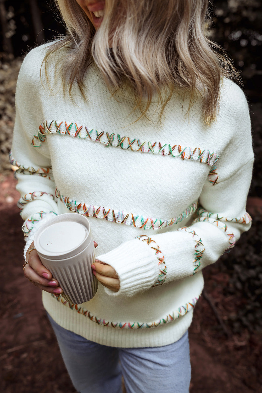 White Colorful Crossed Stitch Drop Shoulder Sweater