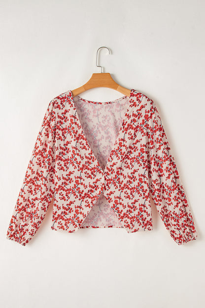 Red Floral Print Long Sleeve Open Back Blouse