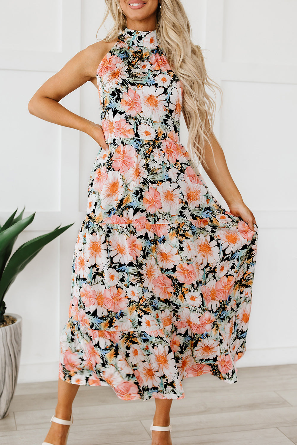 Zwarte Boho bloemenprint geknoopte halter maxi-jurk met ruches