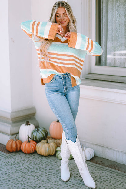 Multicolor Colorblock Stripe Long Sleeve Split Sweater