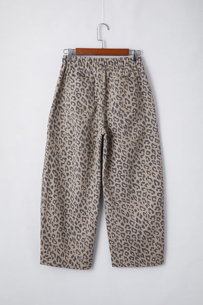 Khaki Leopard Printed Drawstring Waist Pocketed Wide Leg Jeans