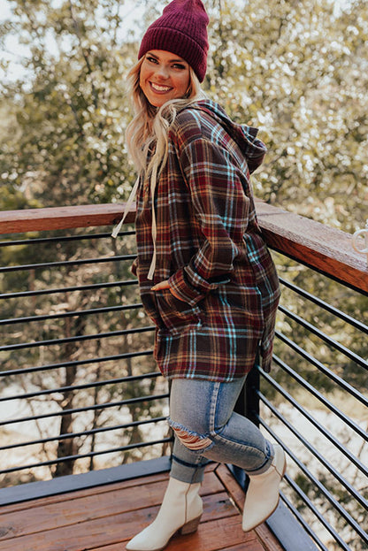 Fiery Red Plus Size Plaid Kangaroo Pocket Drawstring Hoodie