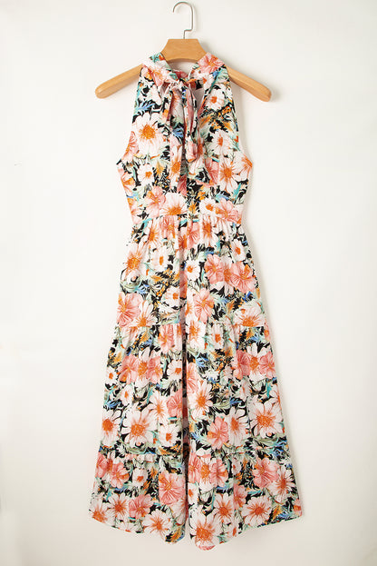 Zwarte Boho bloemenprint geknoopte halter maxi-jurk met ruches