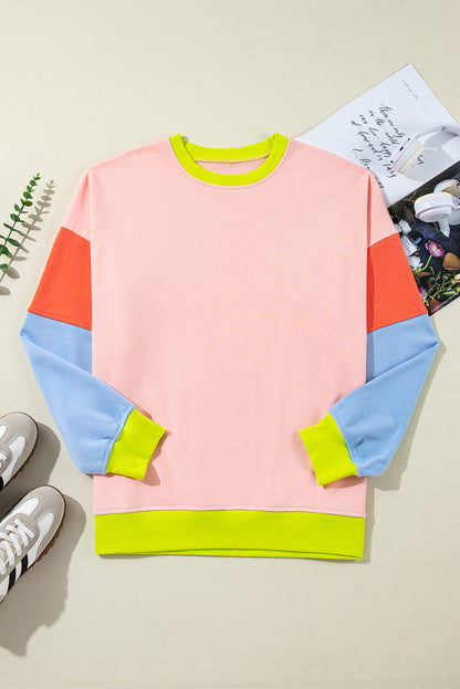 Lichtroze grote maten colorblock sweatshirt met patchwork en ronde hals