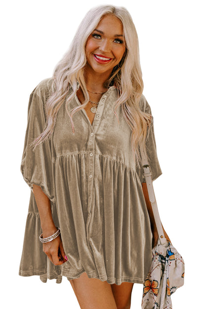 Pale Khaki 3/4 Sleeve Tunic Babydoll Velvet Shirt