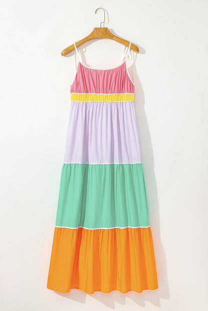 Multicolour colorblock zelfblokken riemen hoge taille flowy maxi-jurk met zakken