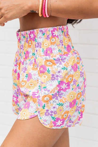 Roze Boho bloemen gesmokte casual shorts met hoge taille