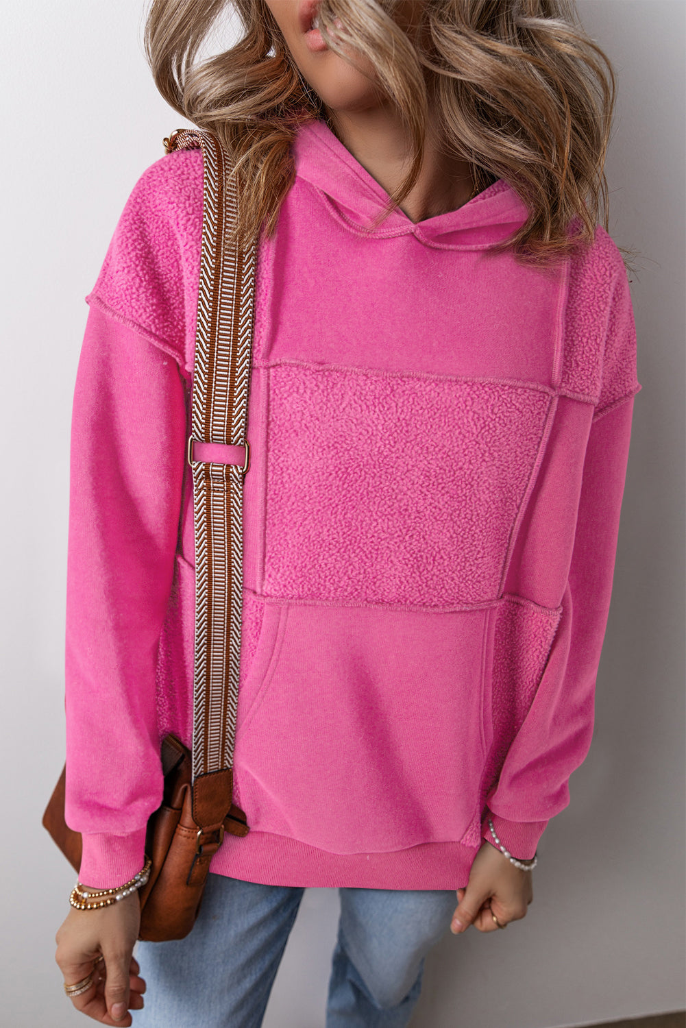 Pitaya roze minerale wasbeurt Terry Patchwork Drawstring hoodie