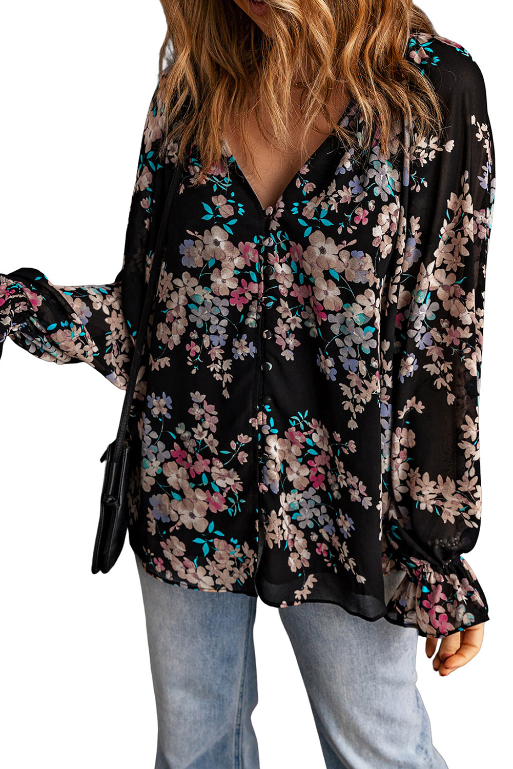 Zwarte chiffon blouse met wilde bloemenprint