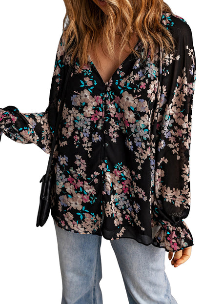 Zwarte chiffon blouse met wilde bloemenprint