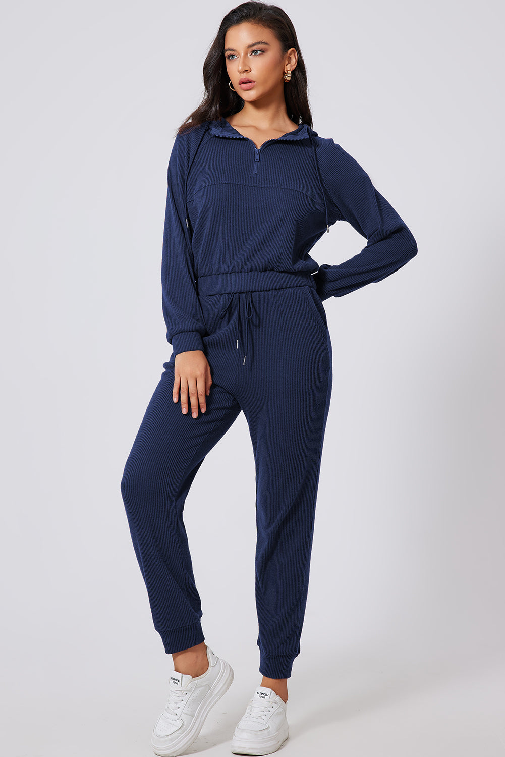 Navy Blue Ribbed Knit Cropped Hoodie and Drawstring Joggers Set