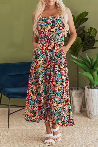 Zwarte boho bloemenprint dunne riemen mouwloze maxi -jurk met hoge taille