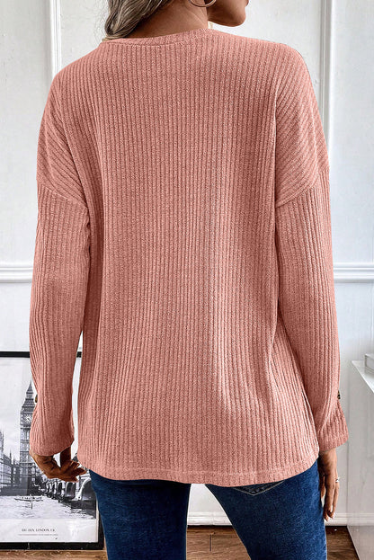 Rose Tan geribbelde henley gebreide top