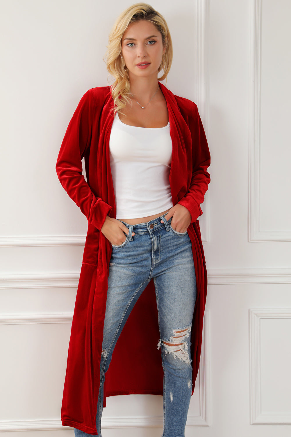 Fiery Red Velvet Open Front Pocketed Long Duster