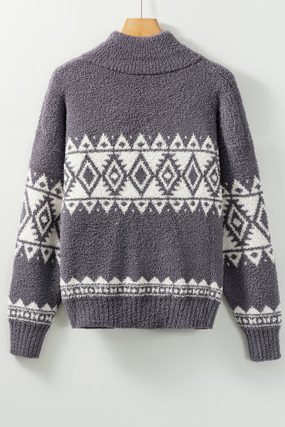 Gray Western Geometric Printed Quarter Zip Pullover Sweater