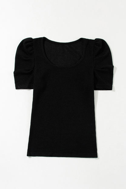 Black Waffle Knit Ruched Puff Sleeve Top