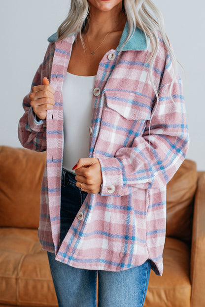 Roze plaid print kleurblok kekeling flapzakken losse shacket