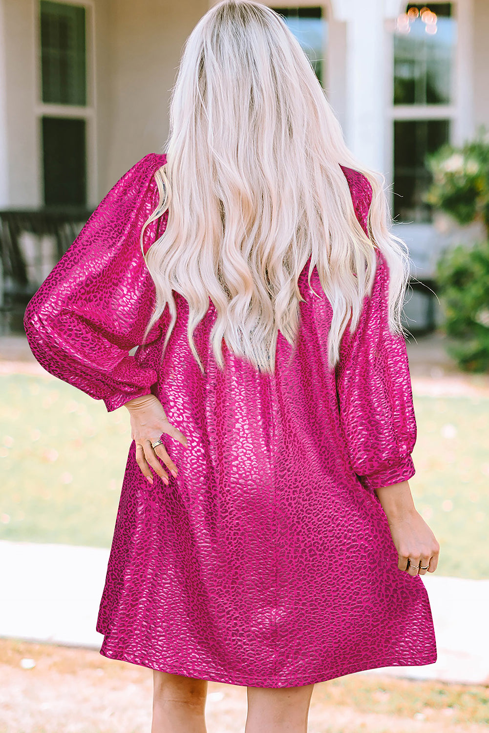 Rose Red Metallic Leopard Print Collared BabyDoll Mini Dress