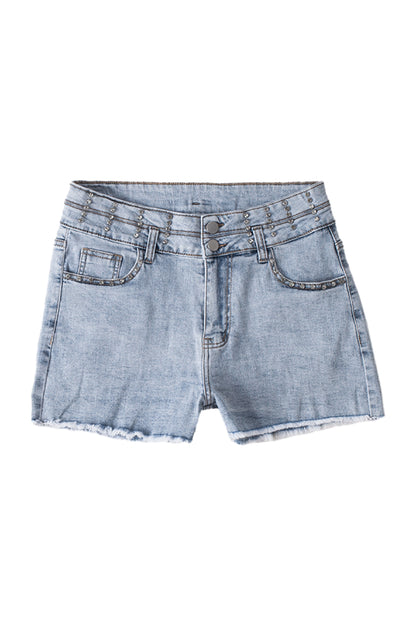 Hemelsblauwe denim shorts met diamanten studs in vintage wassing