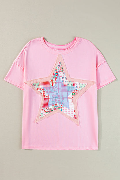 Los T-shirt met roze sterrenpatchwork