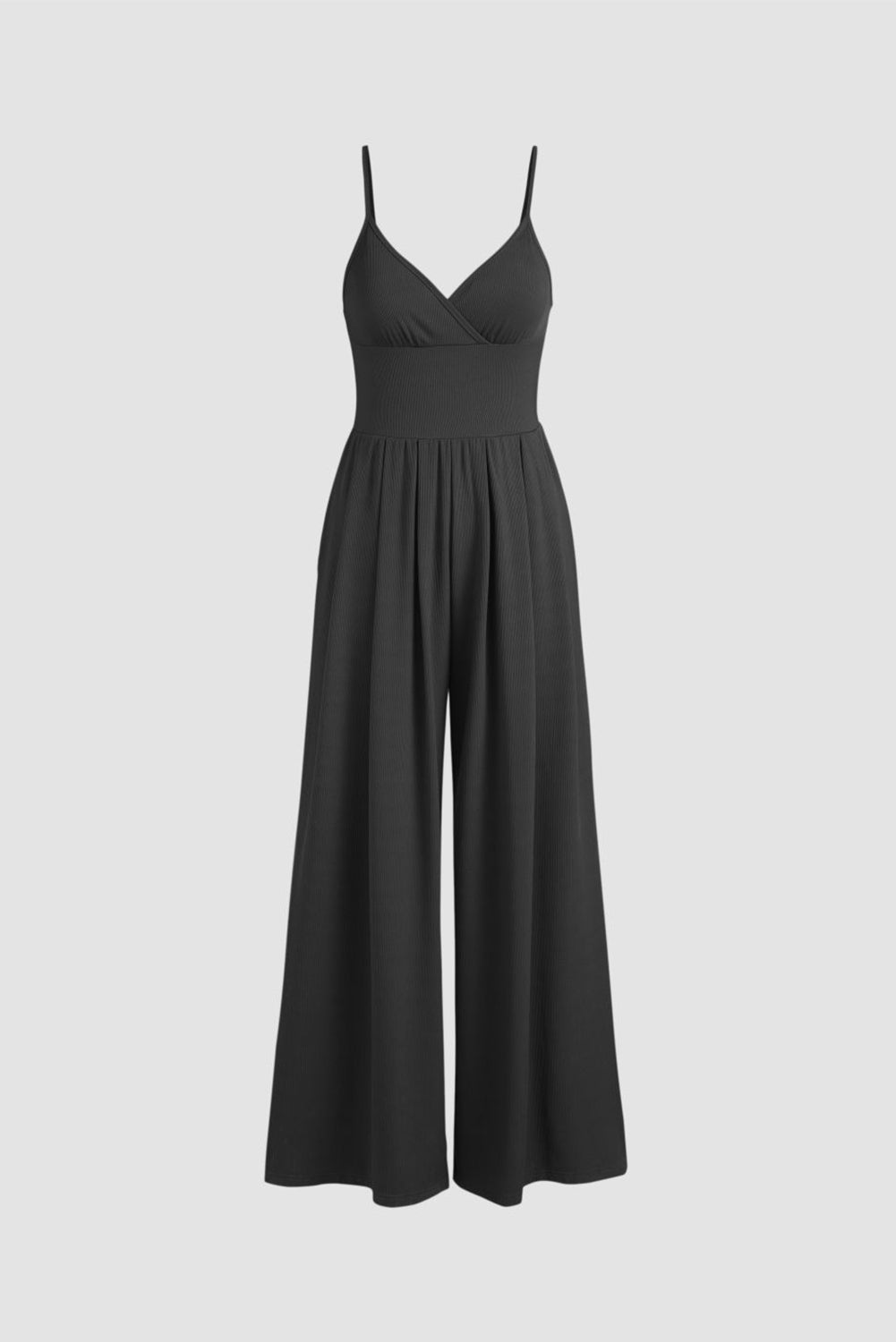 Zwarte Cami-jumpsuit met wijde pijpen, hoge taille, sexy v-hals 