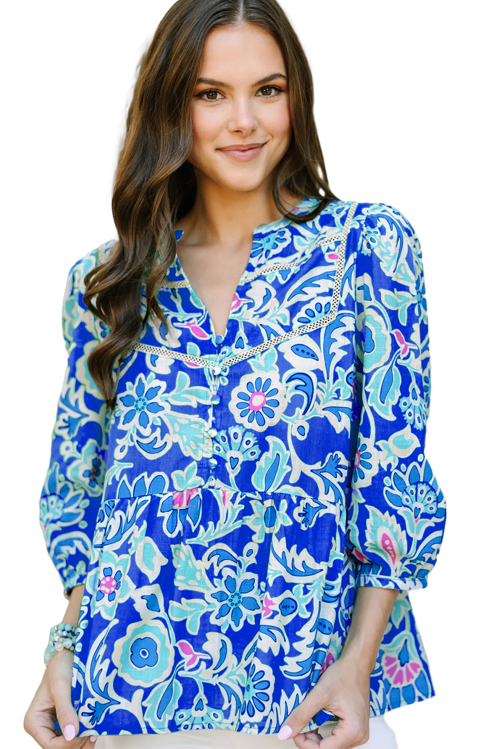 Blauwe mix bloemenprint met kantdetail armband en mouwblouse