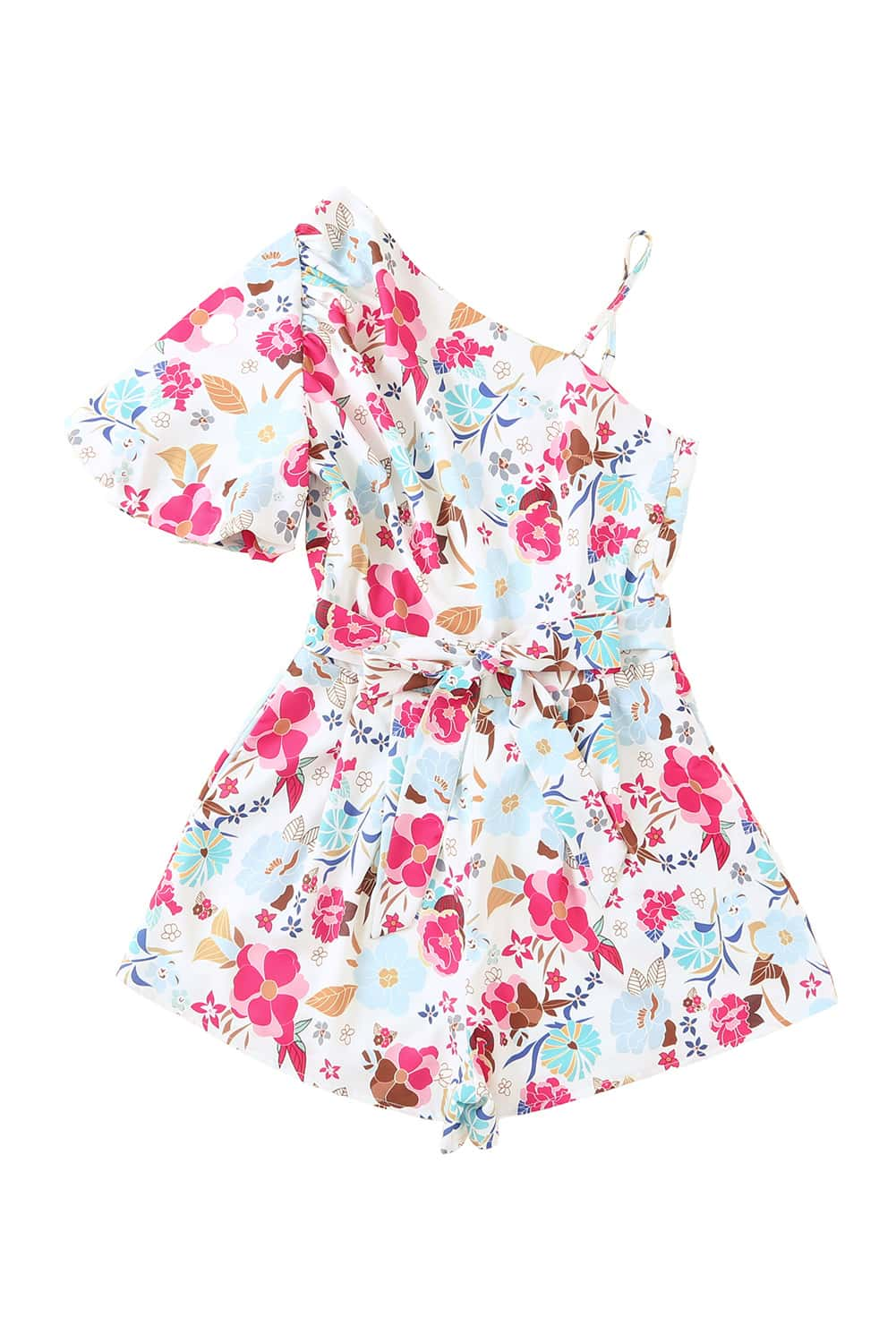 White Floral Single Bubble Sleeve Slant Shoulder Romper