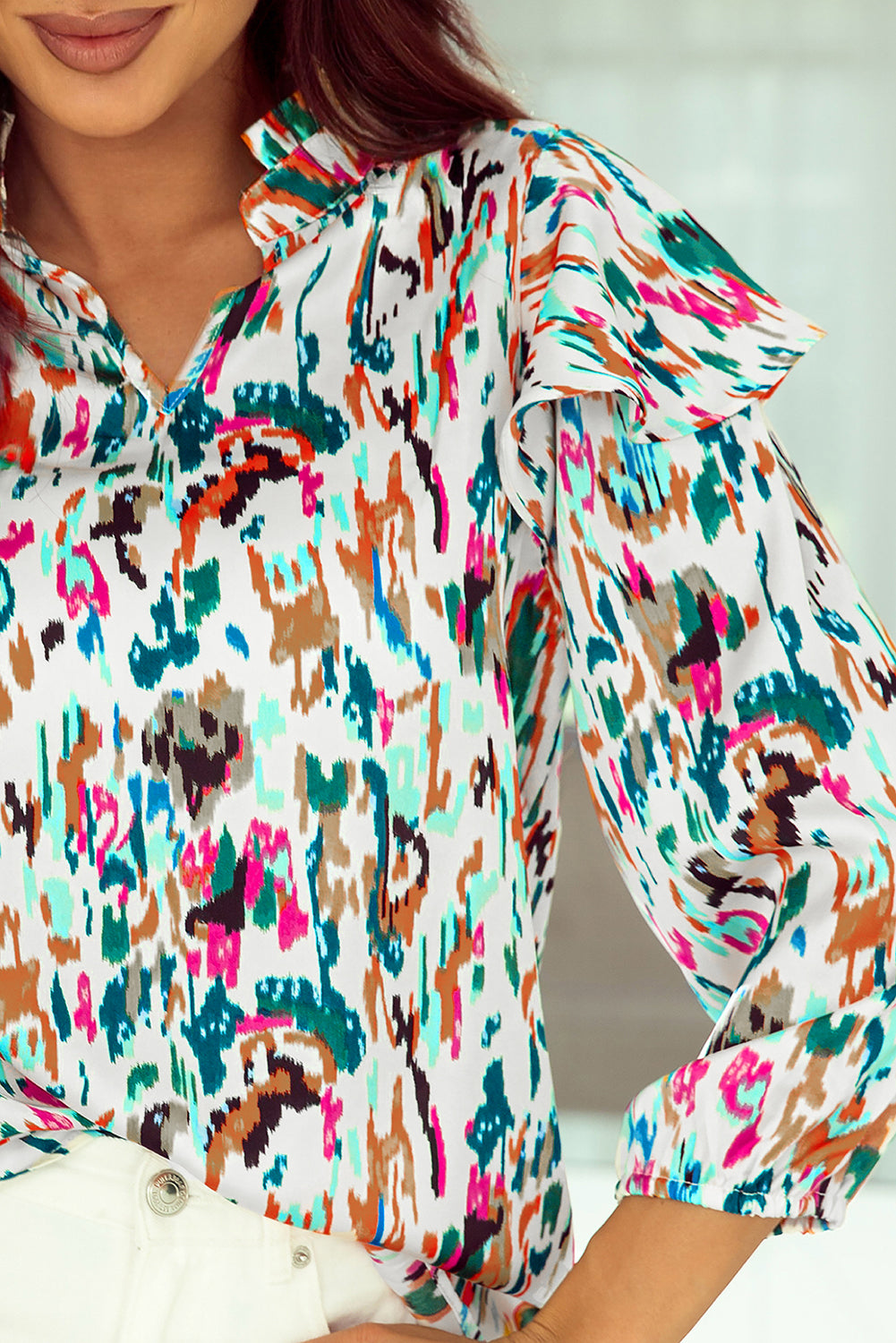 Veelkleurige blouse met 3/4 pofmouwen en ruches met abstracte print