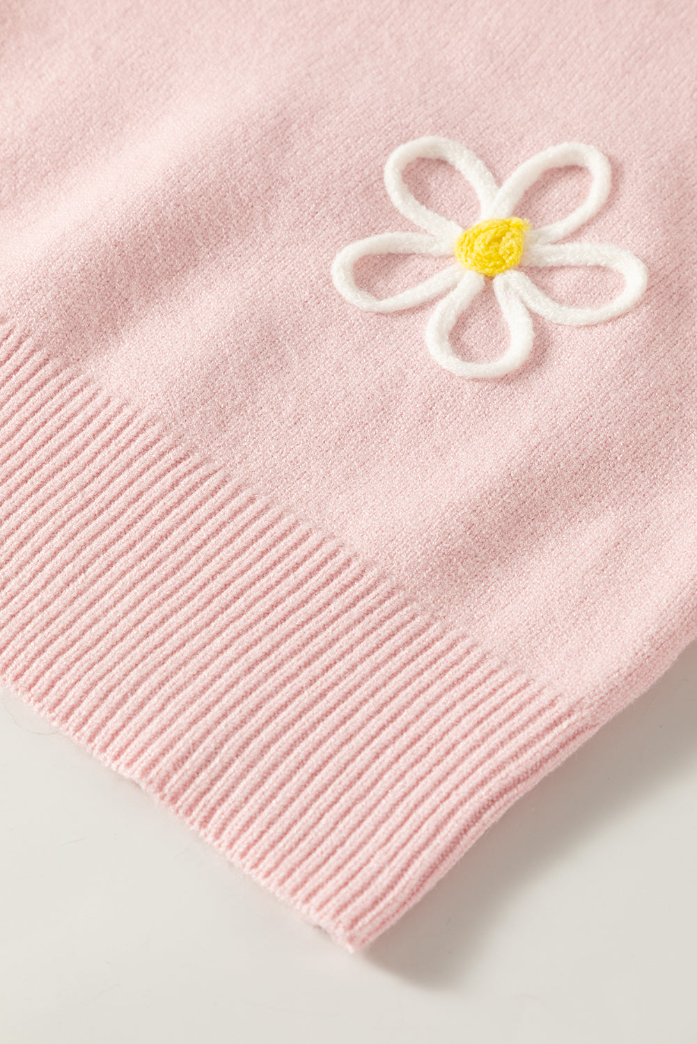 Pink Chenille Daisy Stitching Crew Neck Sweater