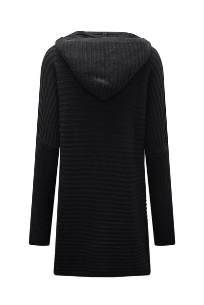 Black Horizontal Rib Knitted Open Front Hooded Cardigan