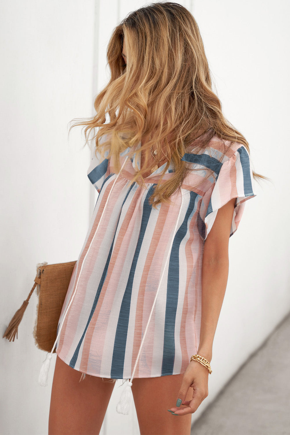 Multicolor Stripes Split Neck Pleated Ruffled Short Sleeves Top