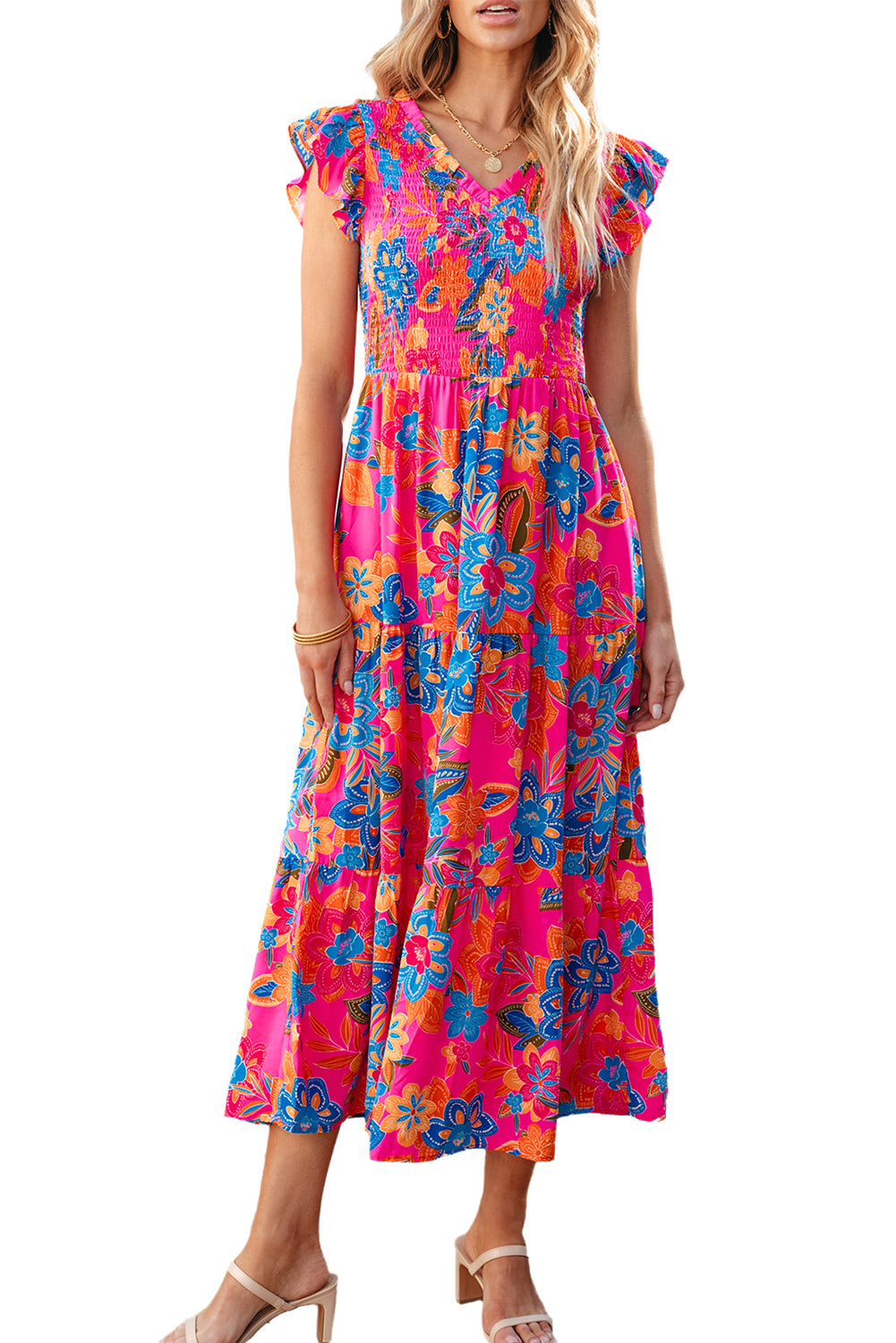 Rose Red Boho Floral V Neck Ruffle Tiered Long Dress