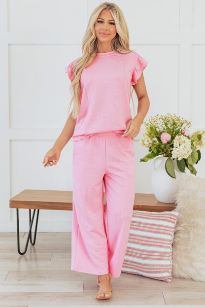 Pink Textured Pearled Ruffled Sleeve Wide Leg Pants Set