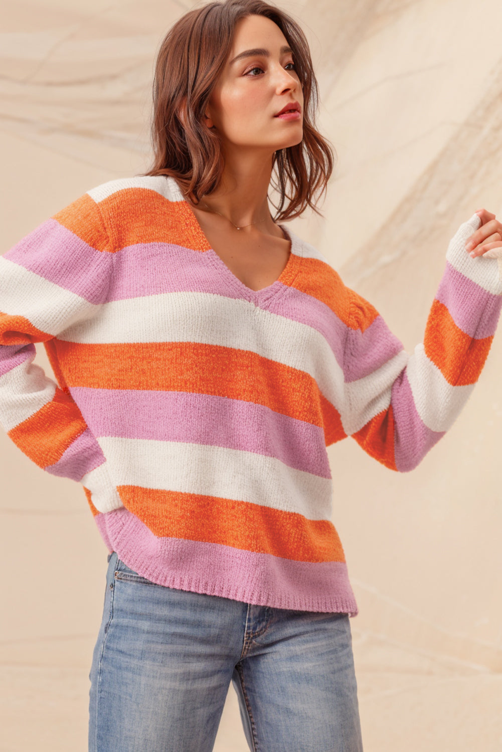 Orange Stripe Colorblock V Neck Casual Sweater