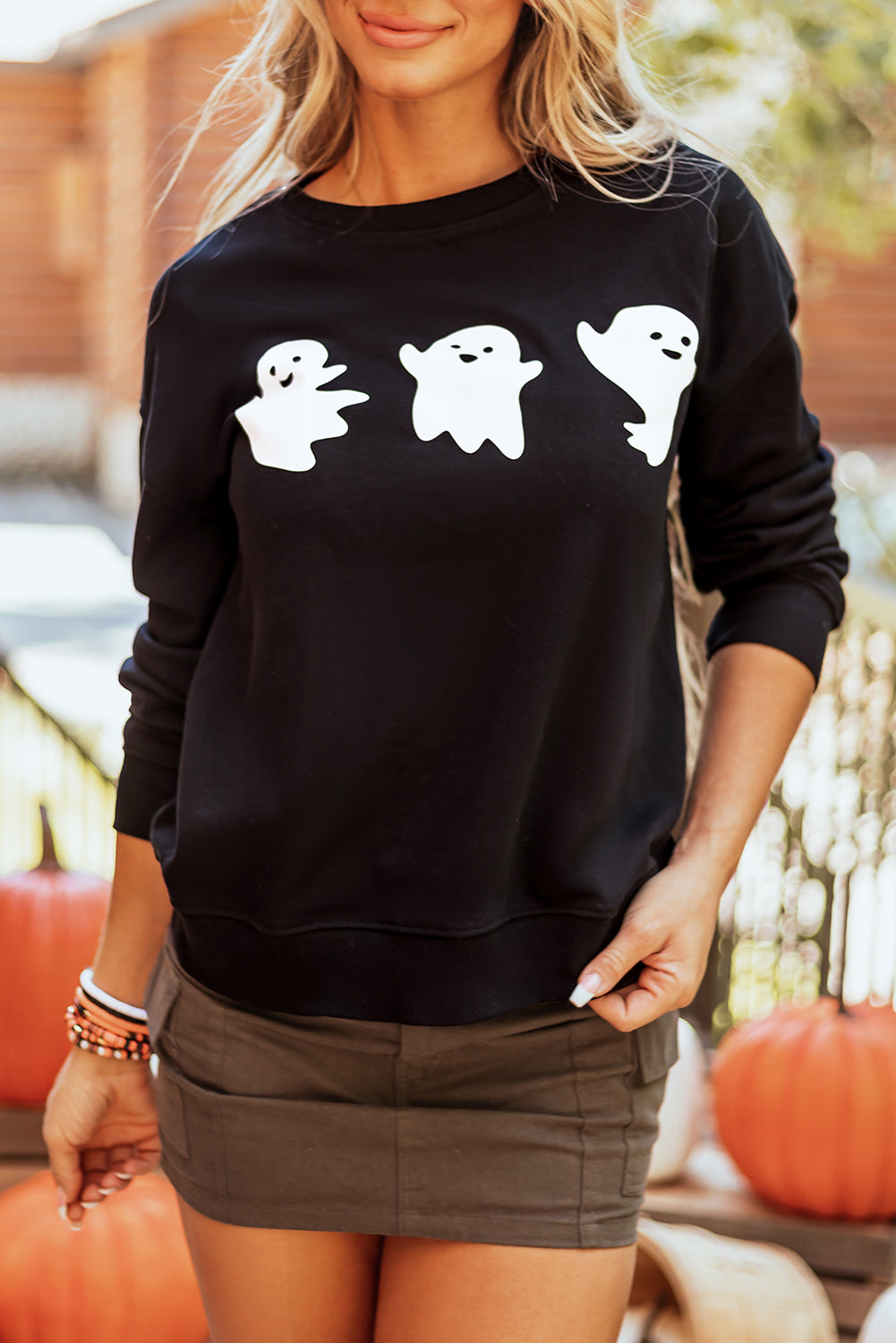 Zwarte Halloween Ghosts Print Ronde Hals Sweatshirt