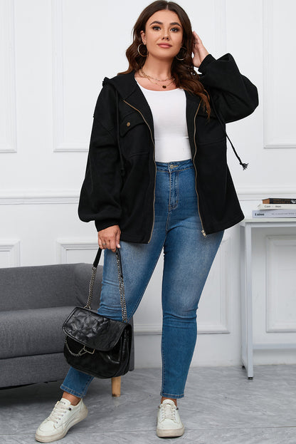 Zwart plus-size jack met capuchon en bisschopsmouwen en ritssluiting