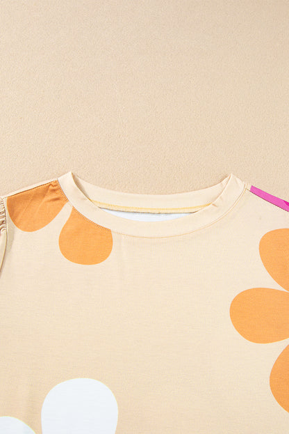 Apricot Flower Print Bubble Sleeve Tee