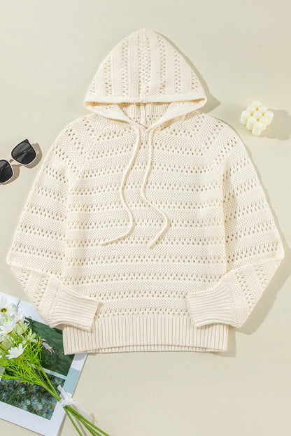 White Pointelle Knit Raglan Sleeve Hooded Sweater