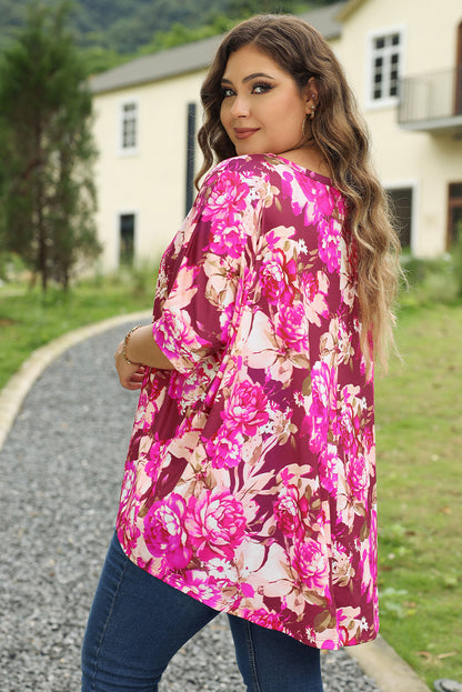 Rode grote maat blouse met bloemenprint en korte mouwen