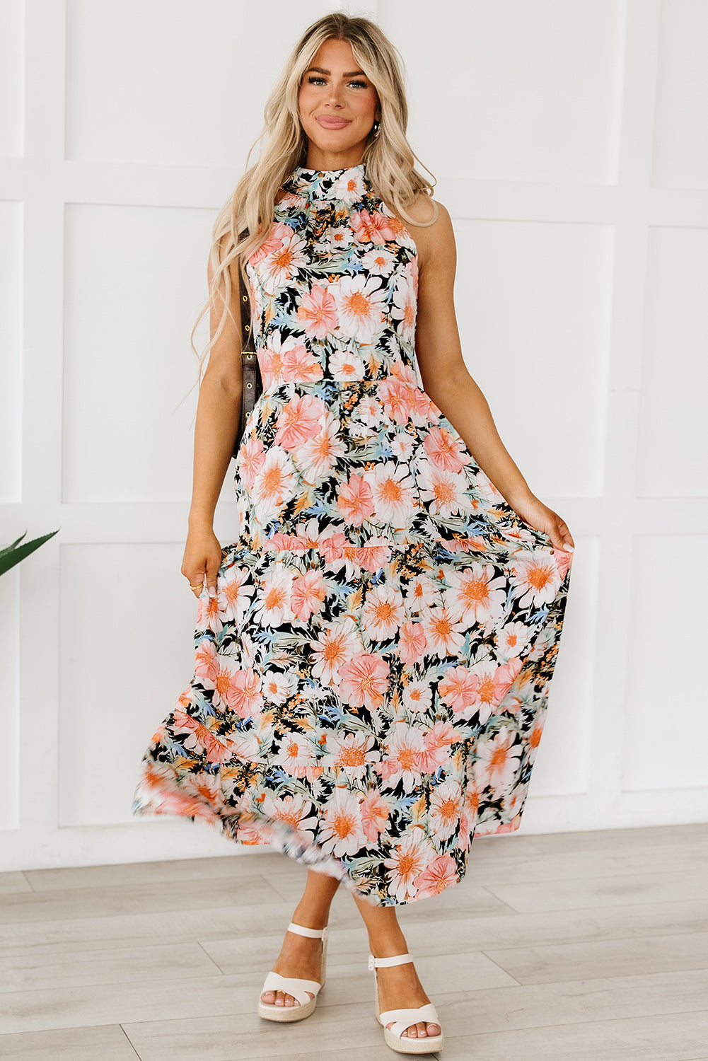 Zwarte Boho bloemenprint geknoopte halter maxi-jurk met ruches