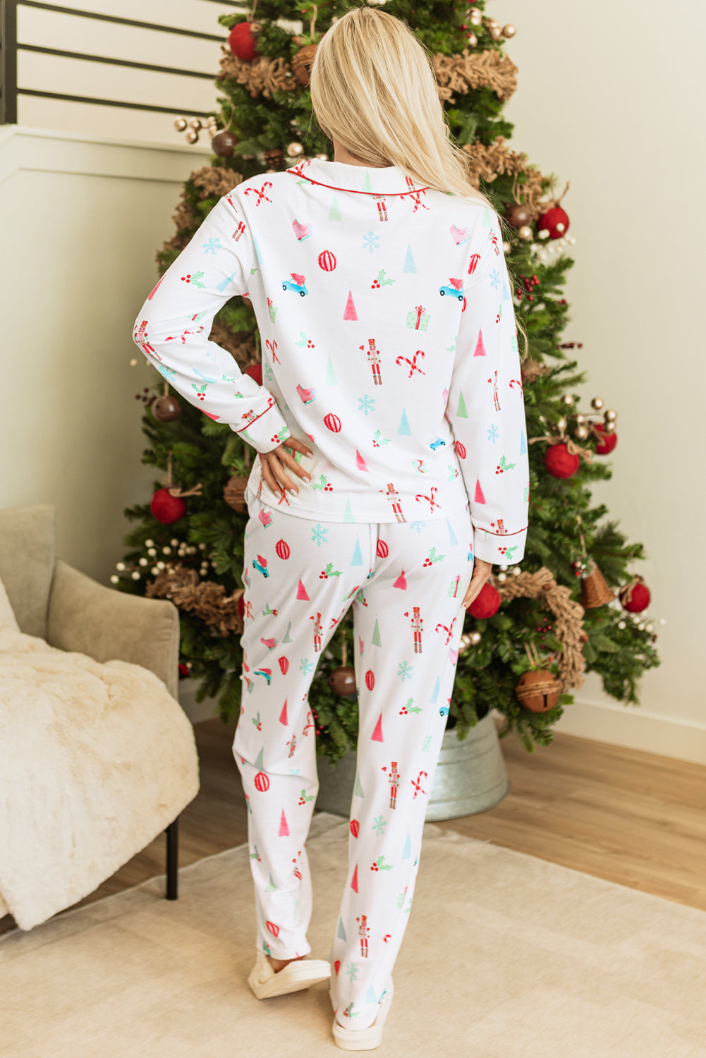 Witte kerstdruk revershemd en broek slaapkleding