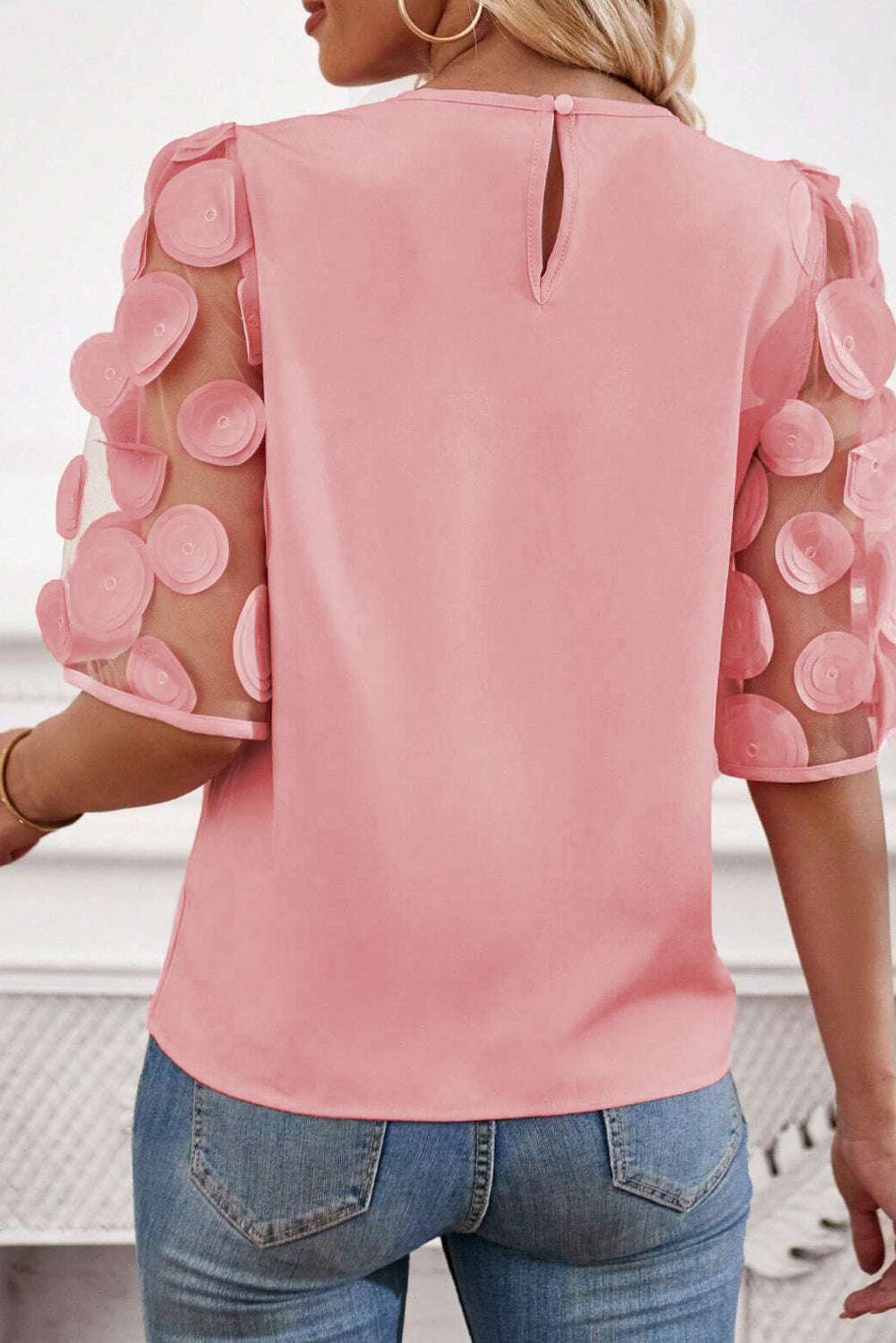 Stoffige roze contrasterende appliqué mesh blouse met halve mouwen