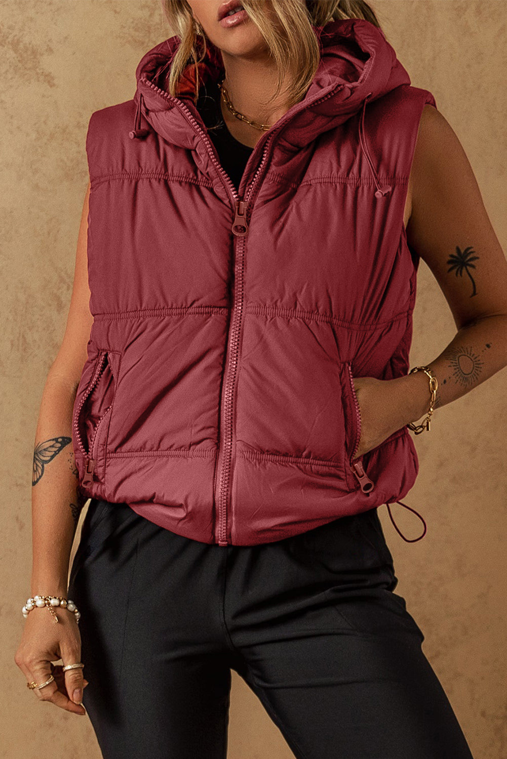 Klei Zip-up Zijzakken Capuchon Puffer Vest