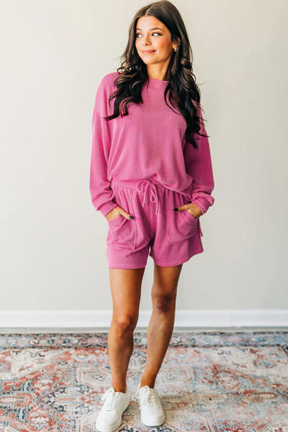 Strawberry Pink Corded Textured Long Sleeve Top en Shorts Set