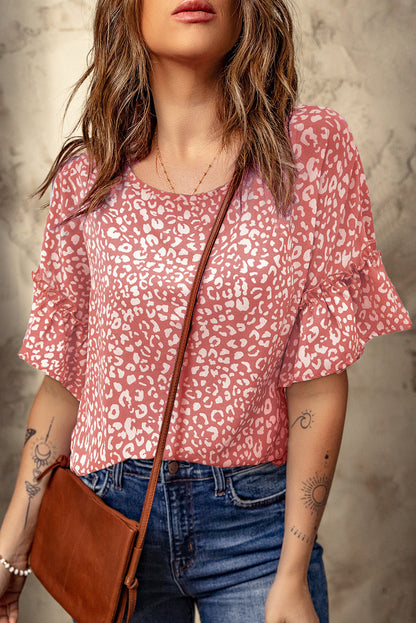 Pink Leopard Spotted Ruffle Sleeve T-Shirt