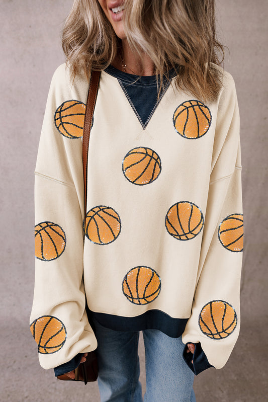 Witte Sequin Basketball Grafische Colorblock Edge Sweatshirt