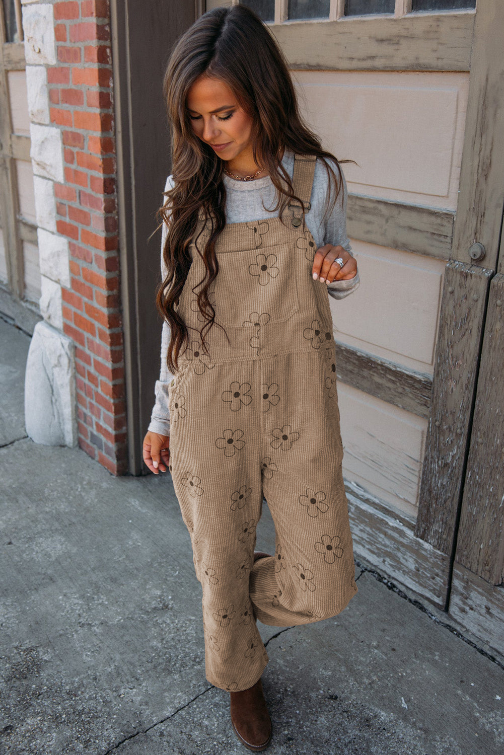 Kaki corduroy overall met bloemenprint