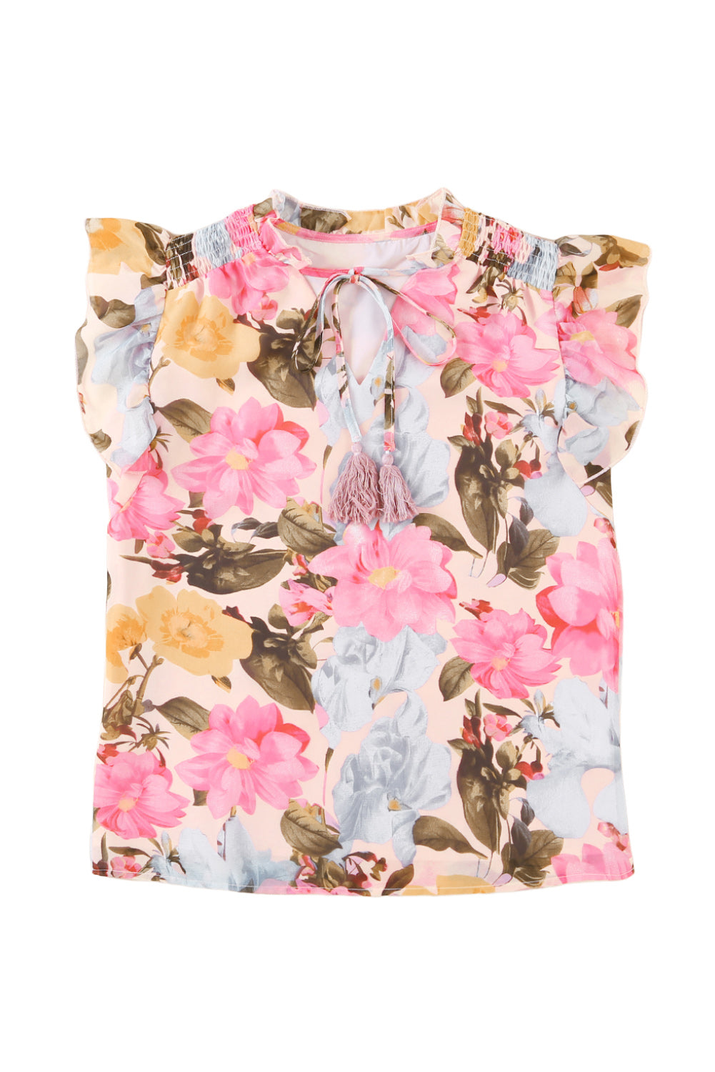 Roze bloemenprint blouse met kwastje en korte mouwen