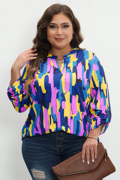 Blauwe grote maat blouse met penseelstreekprint en 3/4 mouwen