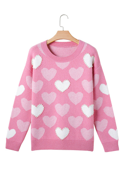 Roze Pearled Heart Print Valentijns Crew Neck Sweater